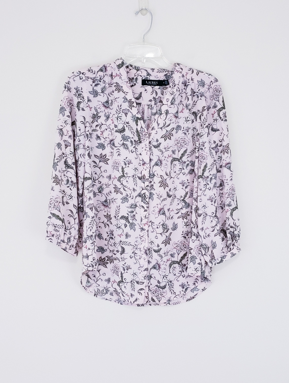 Lauren Ralph Lauren Pink Floral Garden Roll Tab Blouse Size Medium Button Up Top